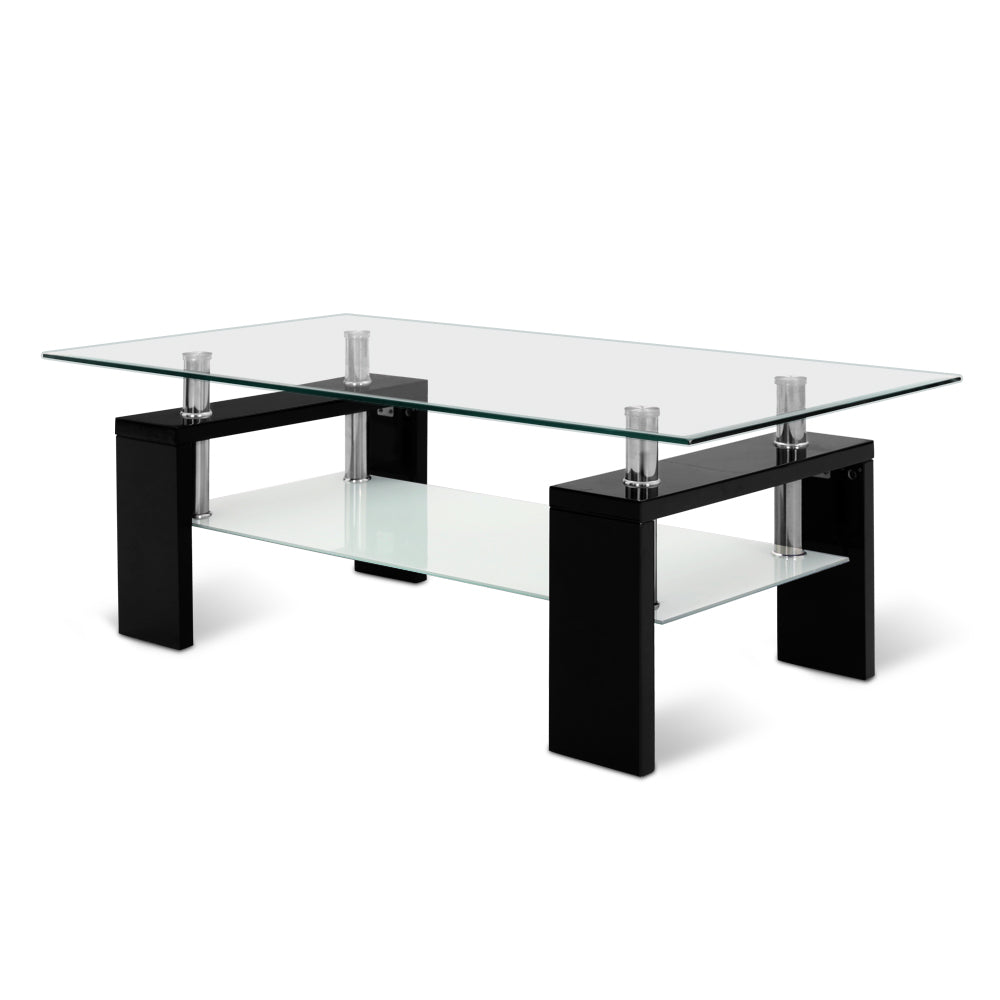 Artiss 2 Tier Glass Coffee Table - Black