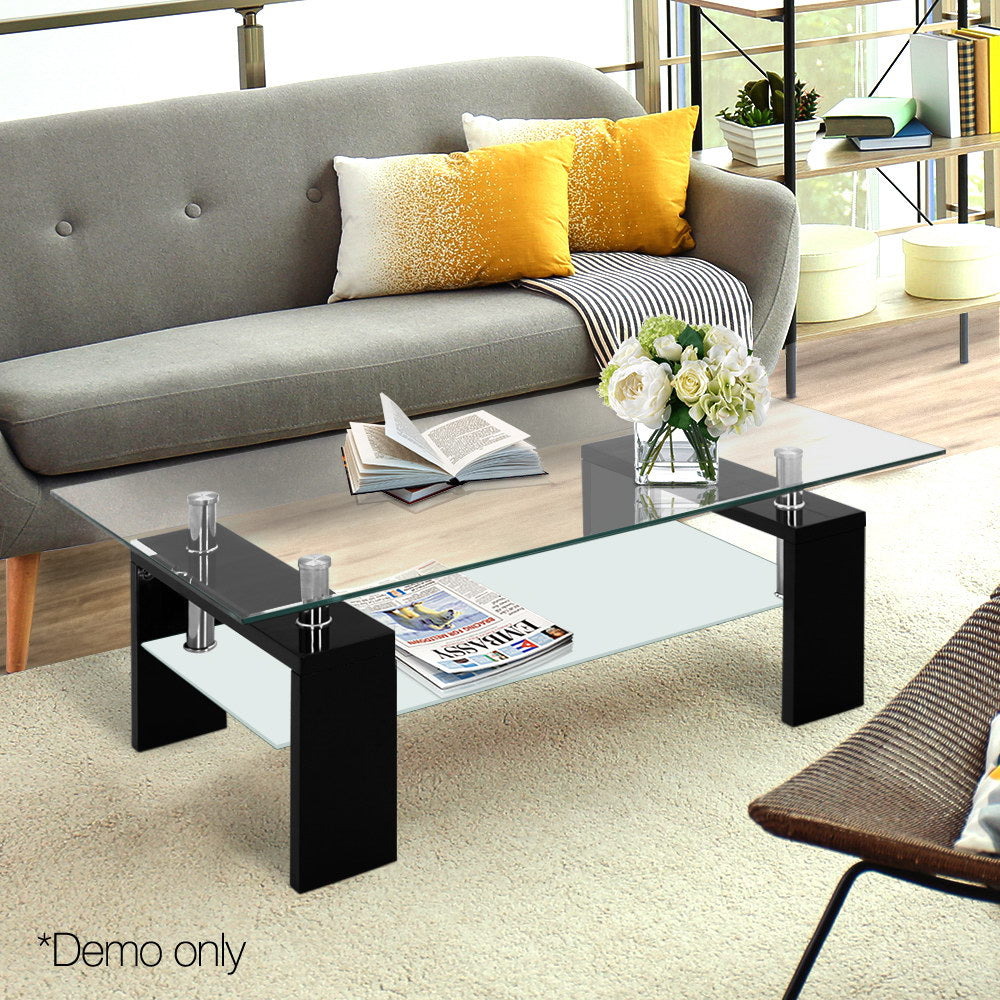 Artiss 2 Tier Glass Coffee Table - Black