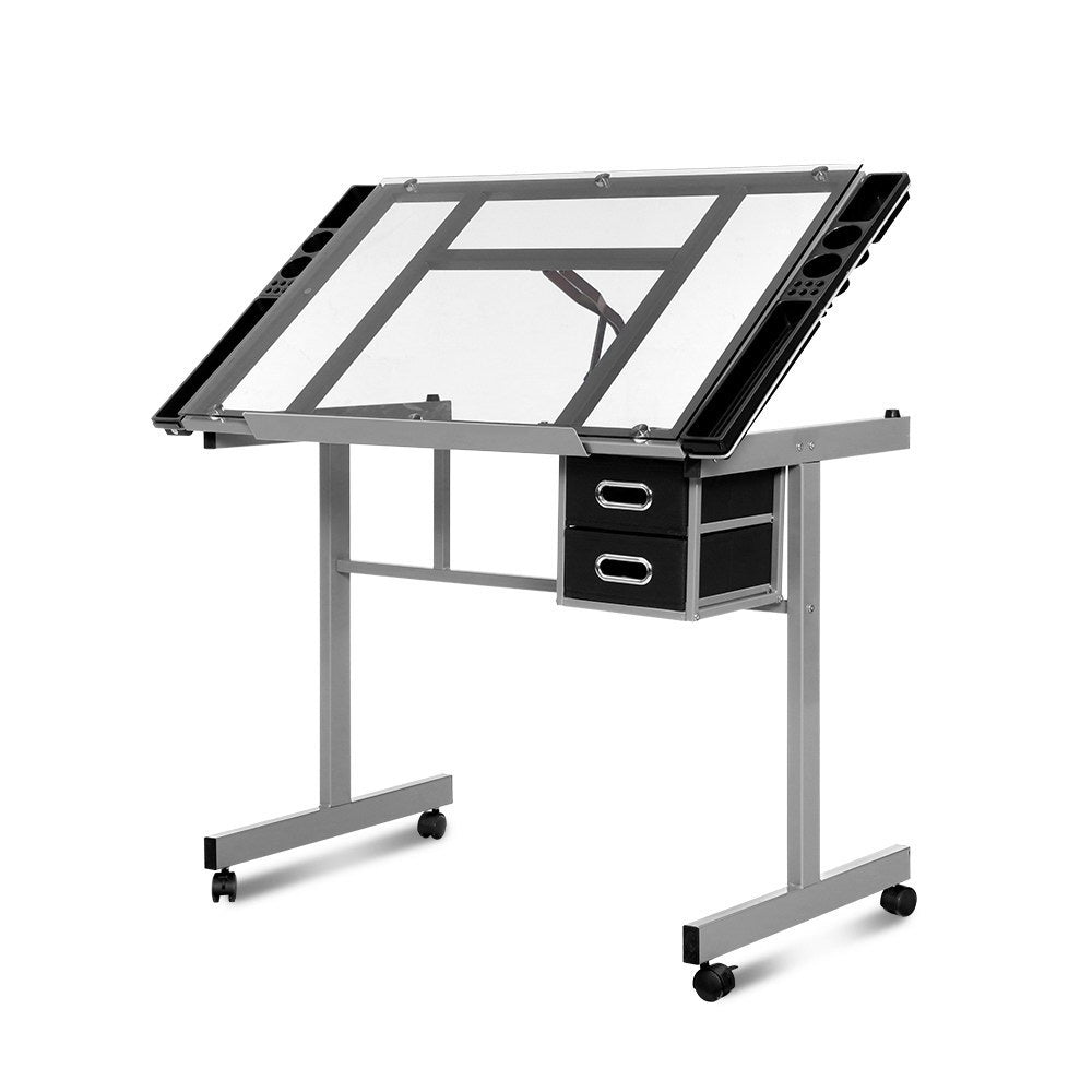 Artiss Drawing Desk Drafting Table Craft Adjustable Glass Art Tilt Drawers Grey
