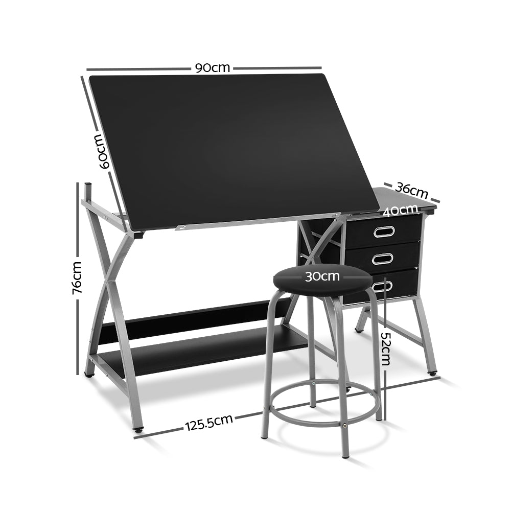 Artiss Drawing Desk With Stool Adjustable Tilt Drafting Table Metal Silver Black