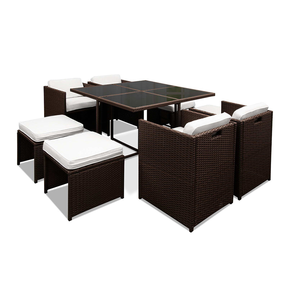 Gardeon 9 Piece Wicker Outdoor Dining Set - Brown & White