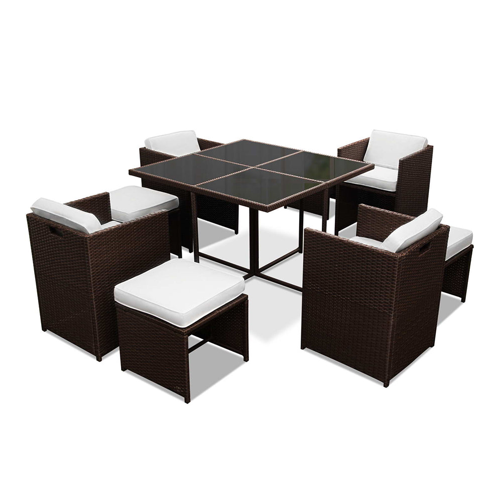 Gardeon 9 Piece Wicker Outdoor Dining Set - Brown & White