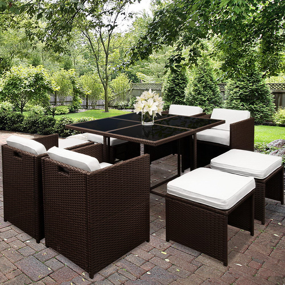 Gardeon 9 Piece Wicker Outdoor Dining Set - Brown & White