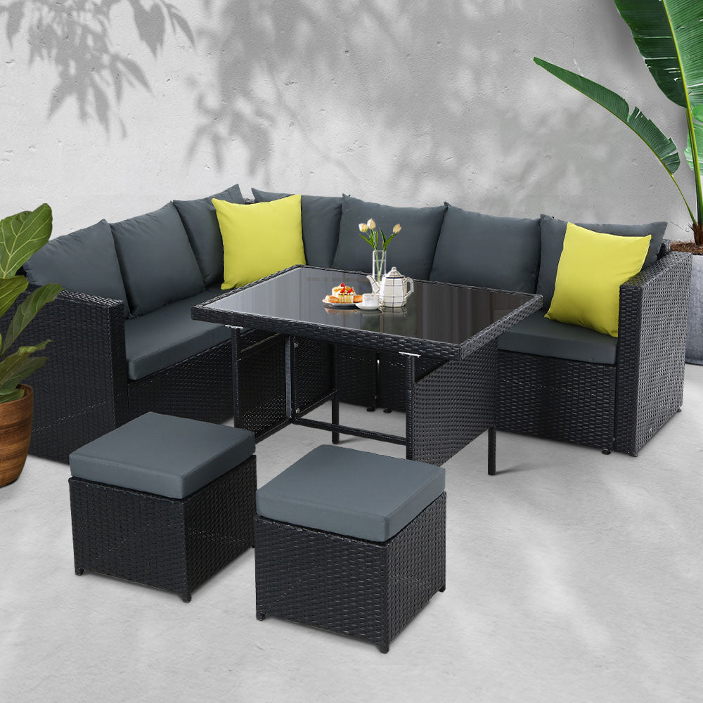 Gardeon Outdoor Furniture Patio Set Dining Sofa Table Chair Lounge Wicker Garden Black