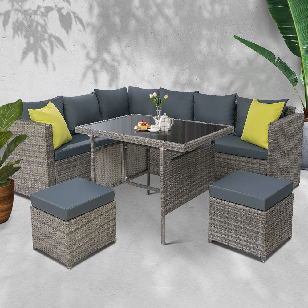 Gardeon Outdoor Furniture Patio Set Dining Sofa Table Chair Lounge Garden Wicker Grey