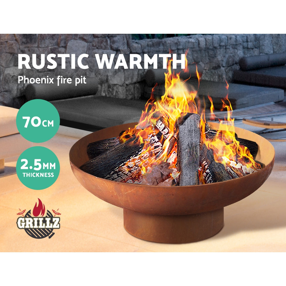 Grillz Rustic Fire Pit Camping Wood Burner Rusted Outdoor Iron Bowl Heater 70CM