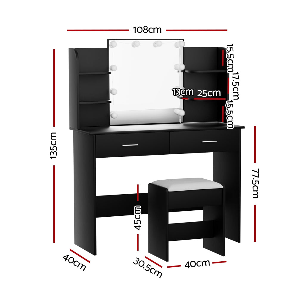 Artiss Dressing Table LED Makeup Mirror Stool Set 10 Bulbs Vanity Desk Black