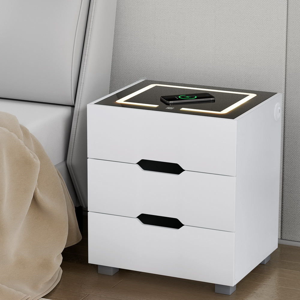 Artiss Smart Bedside Table 3 Drawers with Wireless Charging Ports LED White ADAD