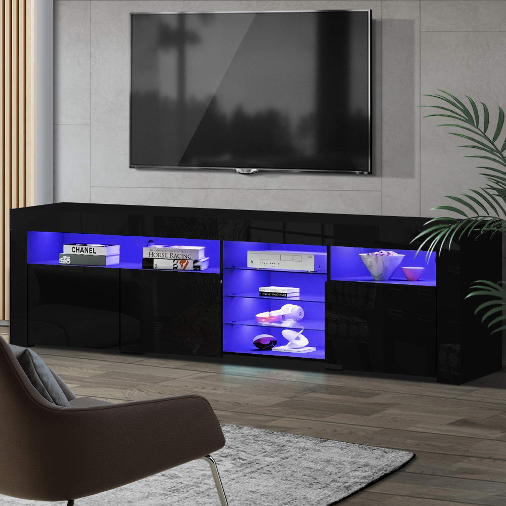 Artiss TV Cabinet Entertainment Unit Stand RGB LED Gloss 3 Doors 180cm Black