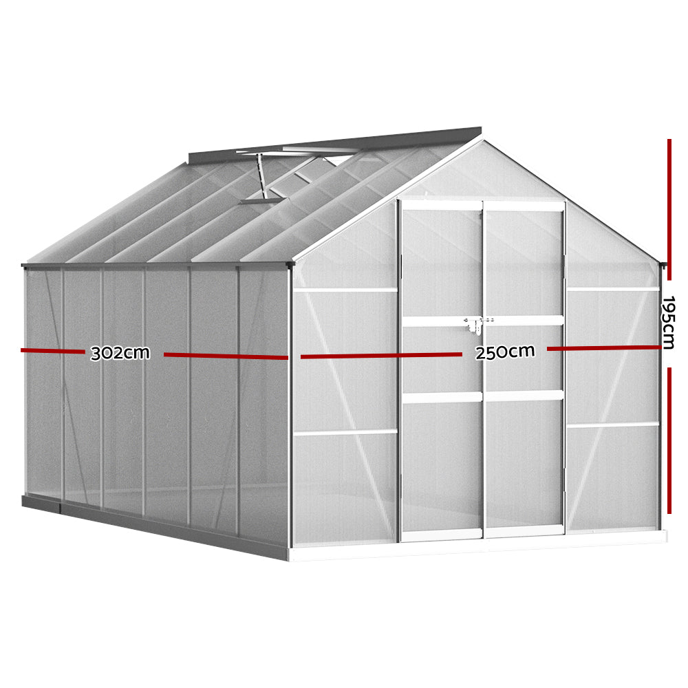 Greenfingers Greenhouse Aluminium Polycarbonate Green House Garden Shed 3x2.5M