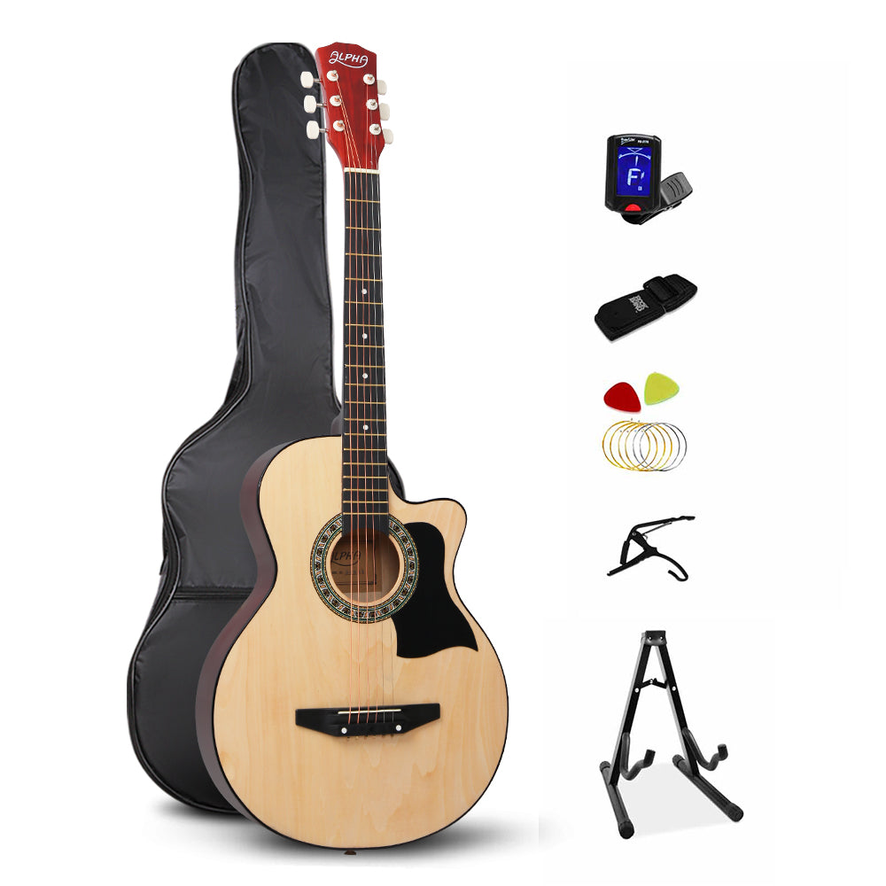 Alpha 38 Inch Wooden Acoustic Guitar Set - Natural