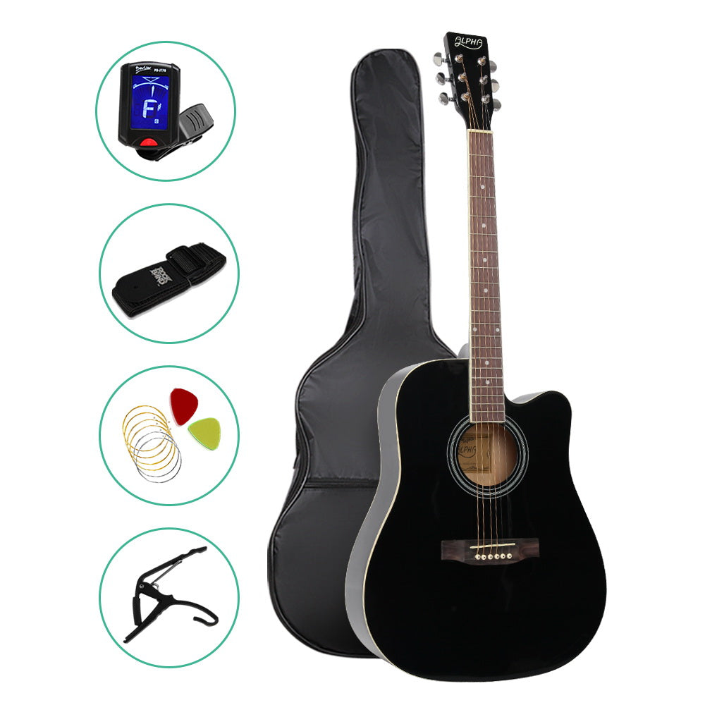 ALPHA 41 Inch Wooden Acoustic Guitar Set Full Size Black