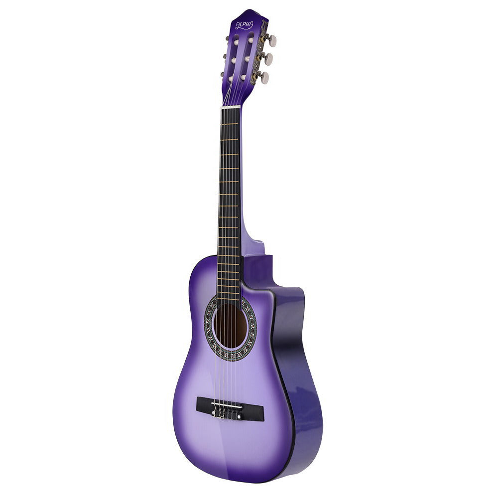 Alpha 34" Inch Guitar Classical Acoustic Cutaway Wooden Ideal Kids Gift Children 1/2 Size Purple with Capo Tuner