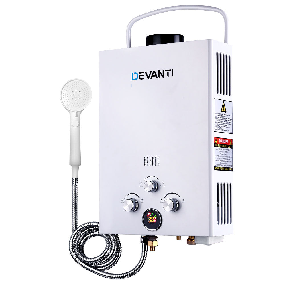 Devanti Portable Gas Water Heater 8LPM Outdoor Camping Shower White