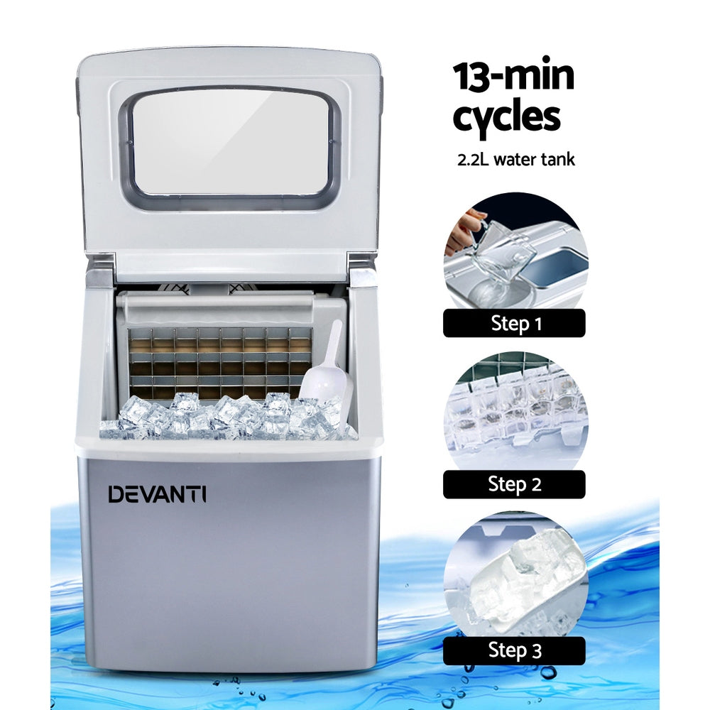 Devanti Portable Ice Maker Machine Commercial Square Ice Cube Countertop Silver 2.2L