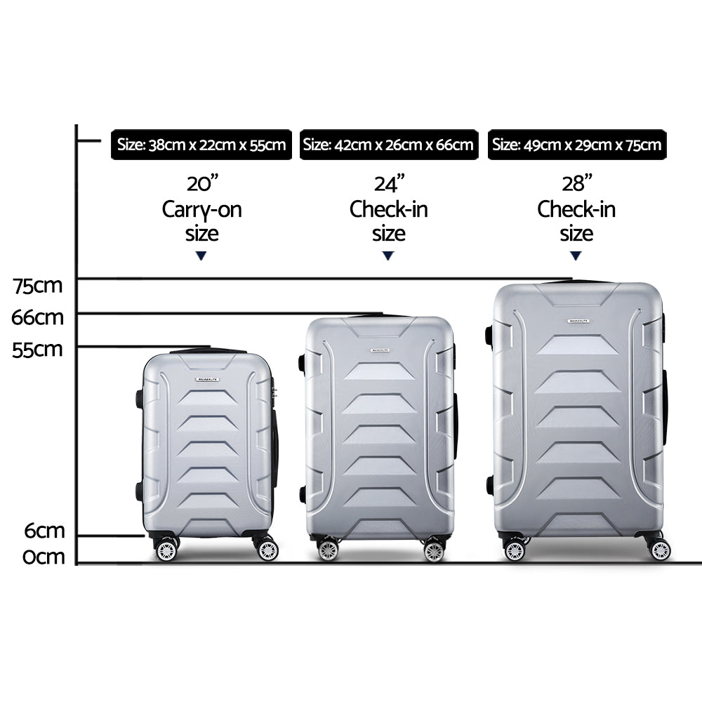 Wanderlite 3pc 20" 24" 28"Luggage Suitcase Travel Hardcase Trolley TSA Lock Silver