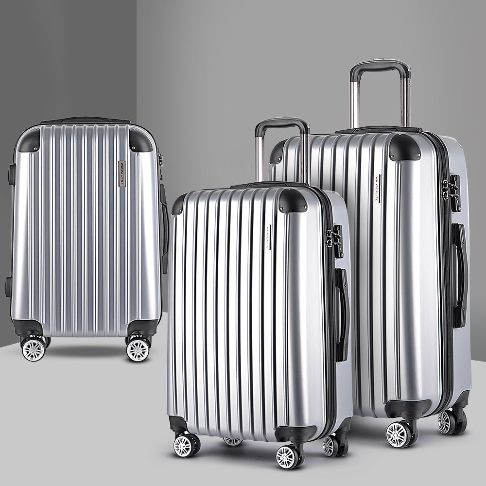 Wanderlite 3pc Luggage Sets Trolley Travel Suitcases TSA Hard Case Silver