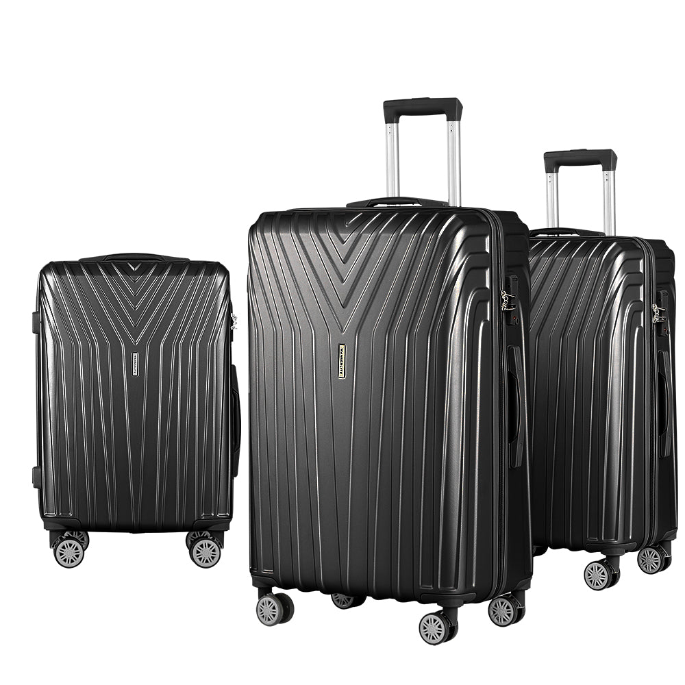 Wanderlite 3pc Luggage Trolley Suitcase Sets Travel TSA Hard Case Black