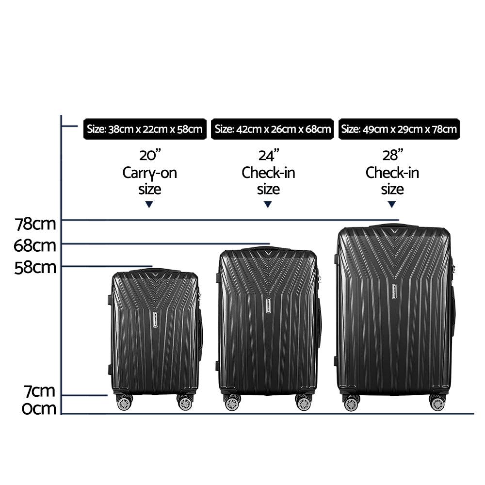Wanderlite 3pc Luggage Trolley Suitcase Sets Travel TSA Hard Case Black