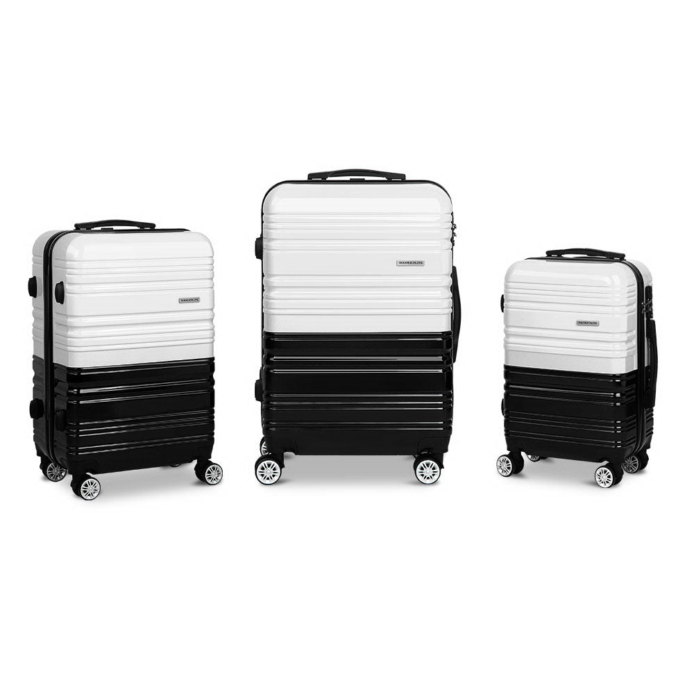 Wanderlite 3 Piece Lightweight Hard Suit Case Luggage Black & White