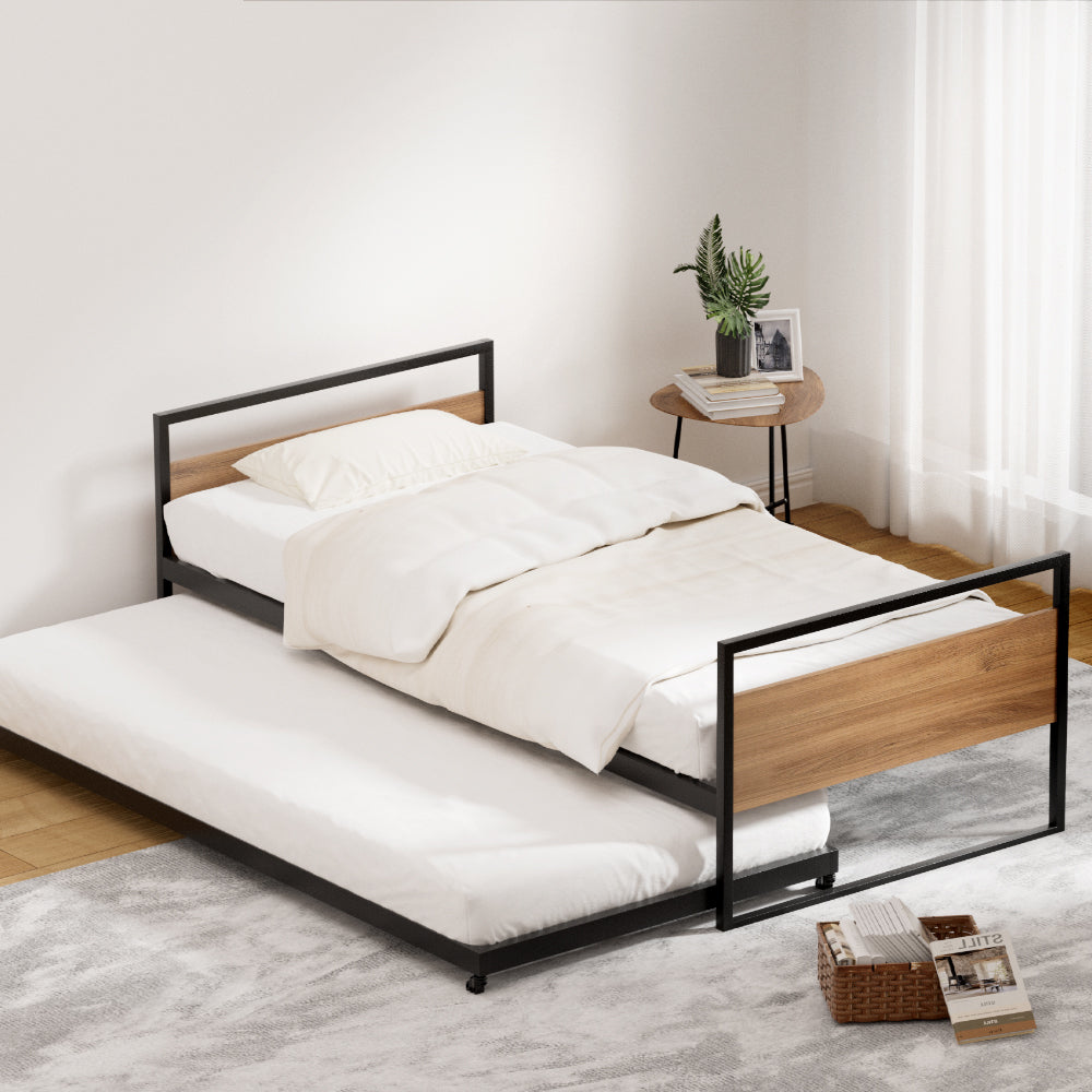 Artiss Bed Frame Metal Bed Base with Trundle Daybed Wooden Headboard Single DEAN