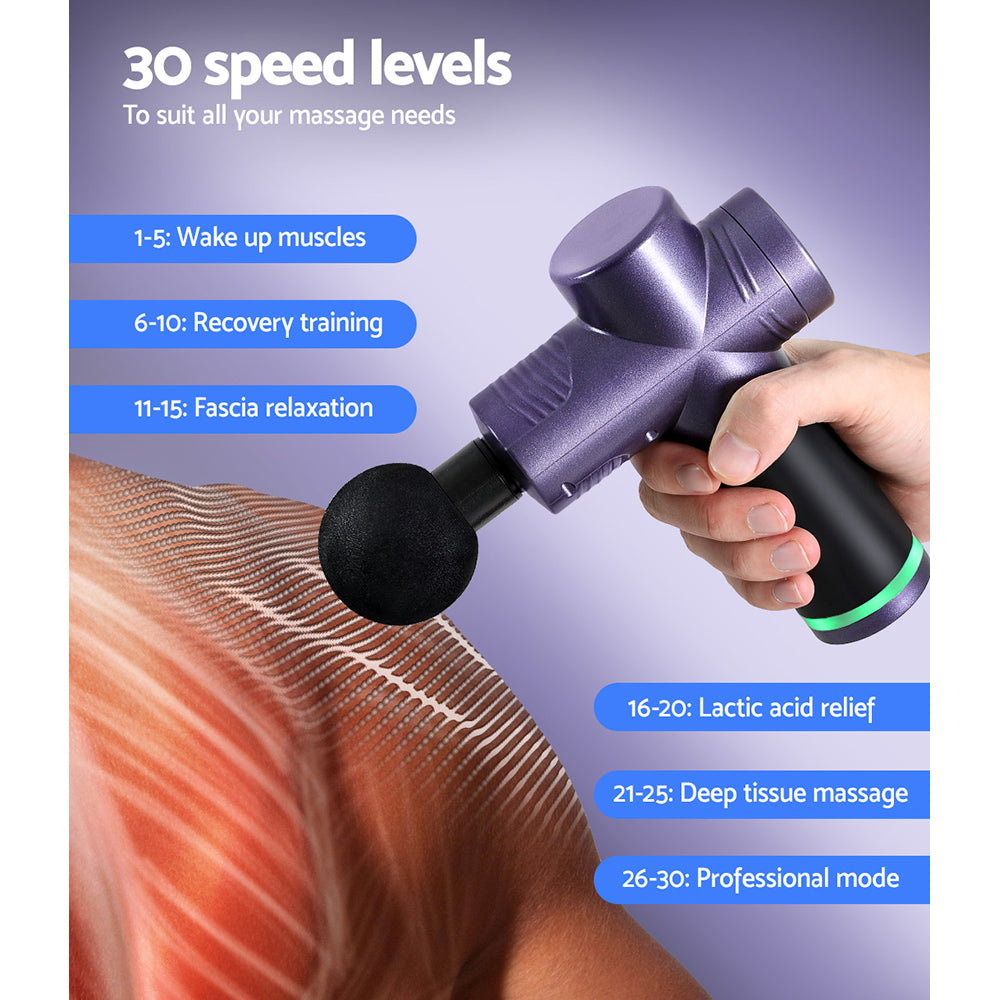 Everfit 30 Speed Massage Gun 4 Head Vibration Muscle Massager Percussion Relief Purple