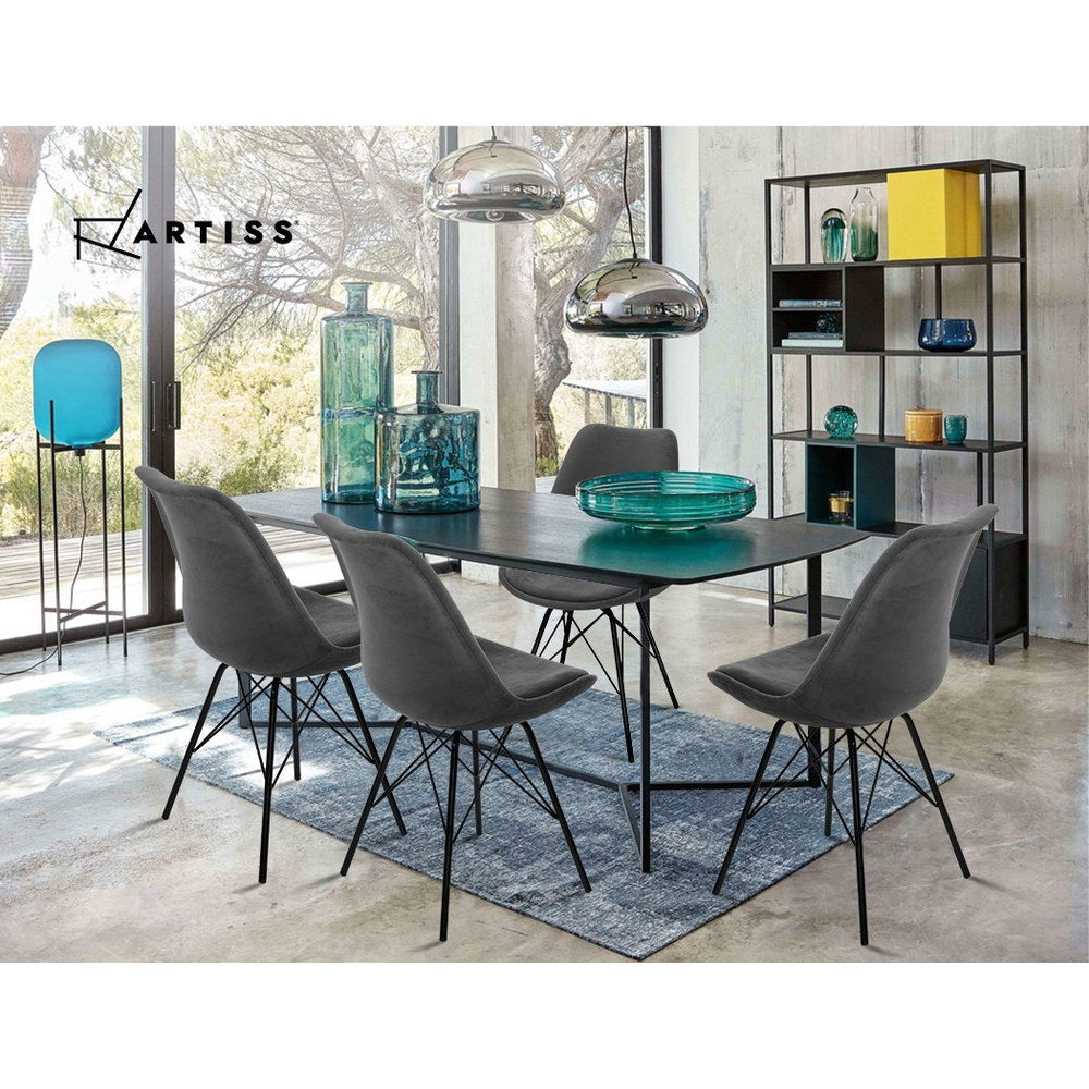 2x Artiss Dining Chairs Eames Chair DSW Cafe Kitchen Velvet Fabric Padded Iron Legs Grey