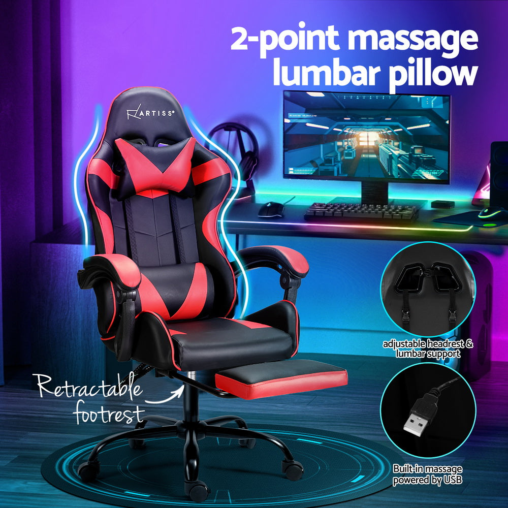 Artiss 2 Point Massage Gaming Office Chair Footrest Red
