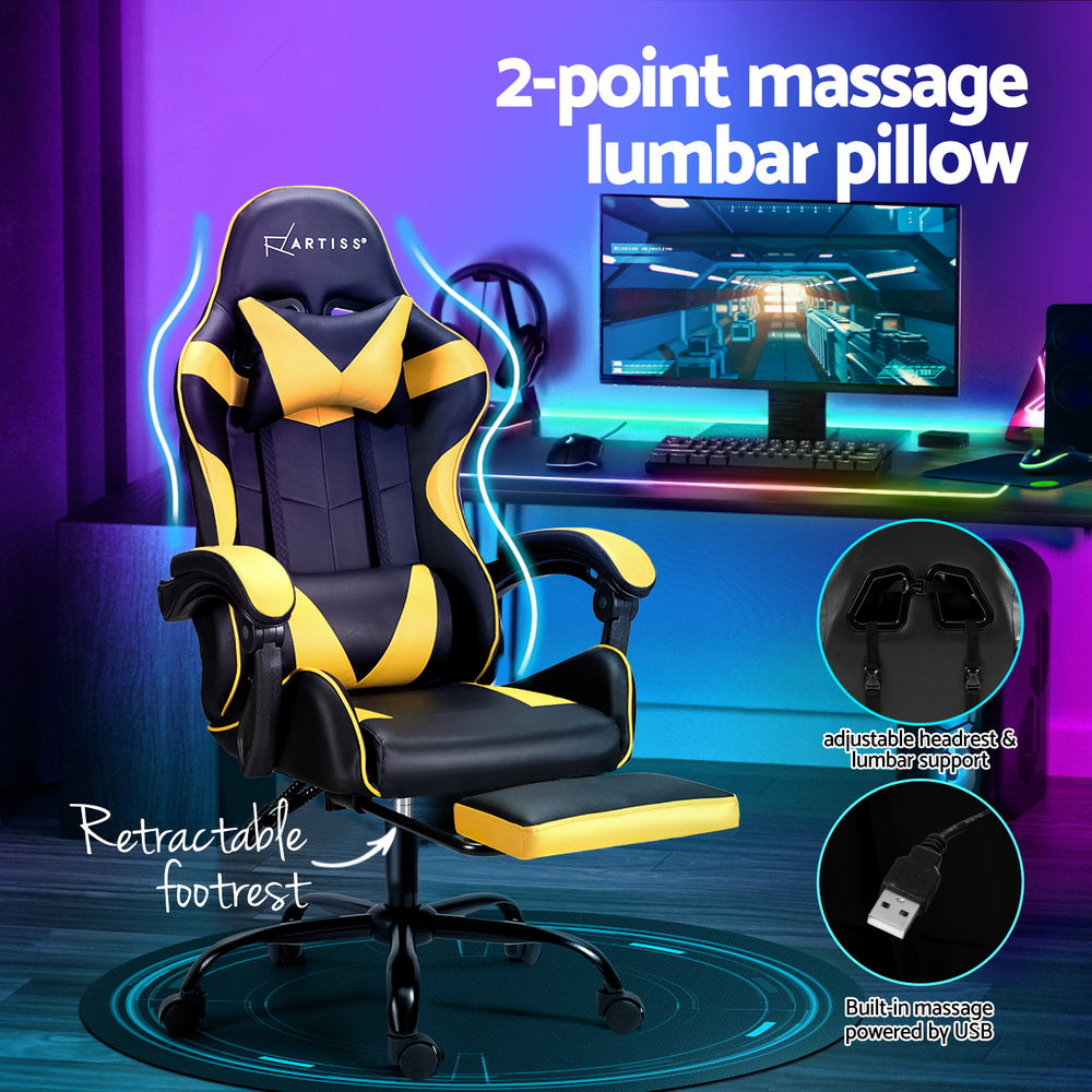 Artiss 2 Point Massage Gaming Office Chair Footrest Yellow