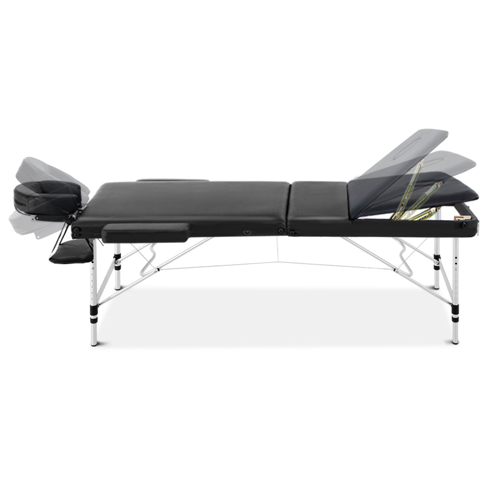 Zenses Massage Table 70cm 3 Fold Aluminium Beauty Bed Portable Therapy Black