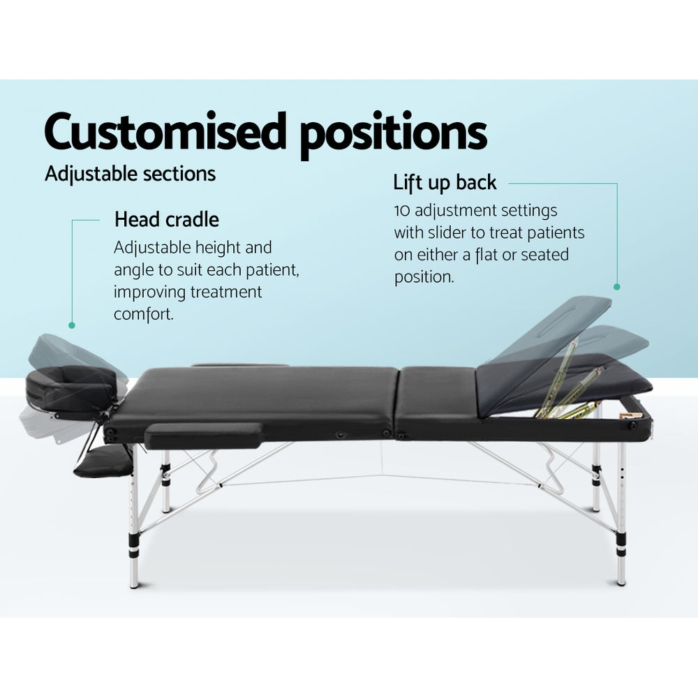 Zenses Massage Table 70cm 3 Fold Aluminium Beauty Bed Portable Therapy Black