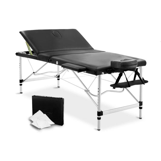 Livemor 3 Fold Portable Aluminium Massage Table - Black