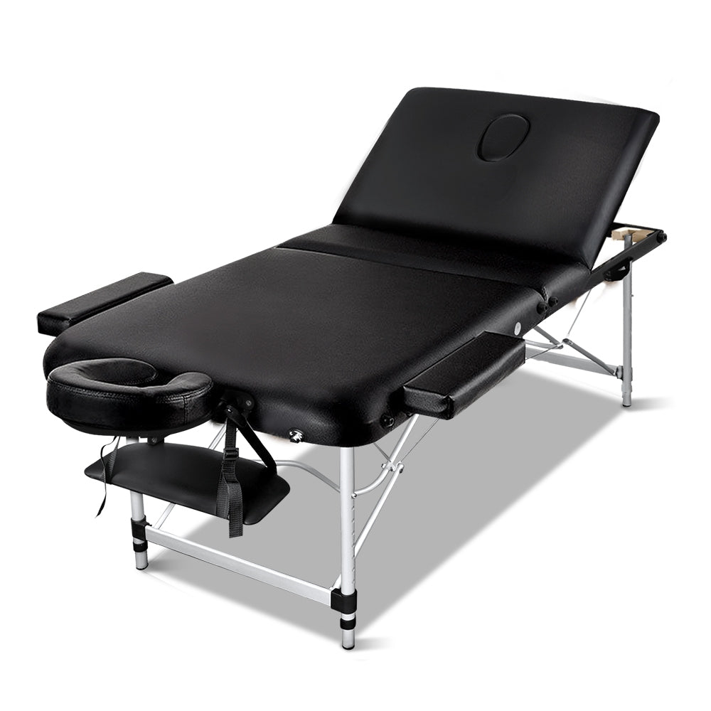 Zenses Massage Table 80cm 3 Fold Aluminium Beauty Bed Portable Therapy Black