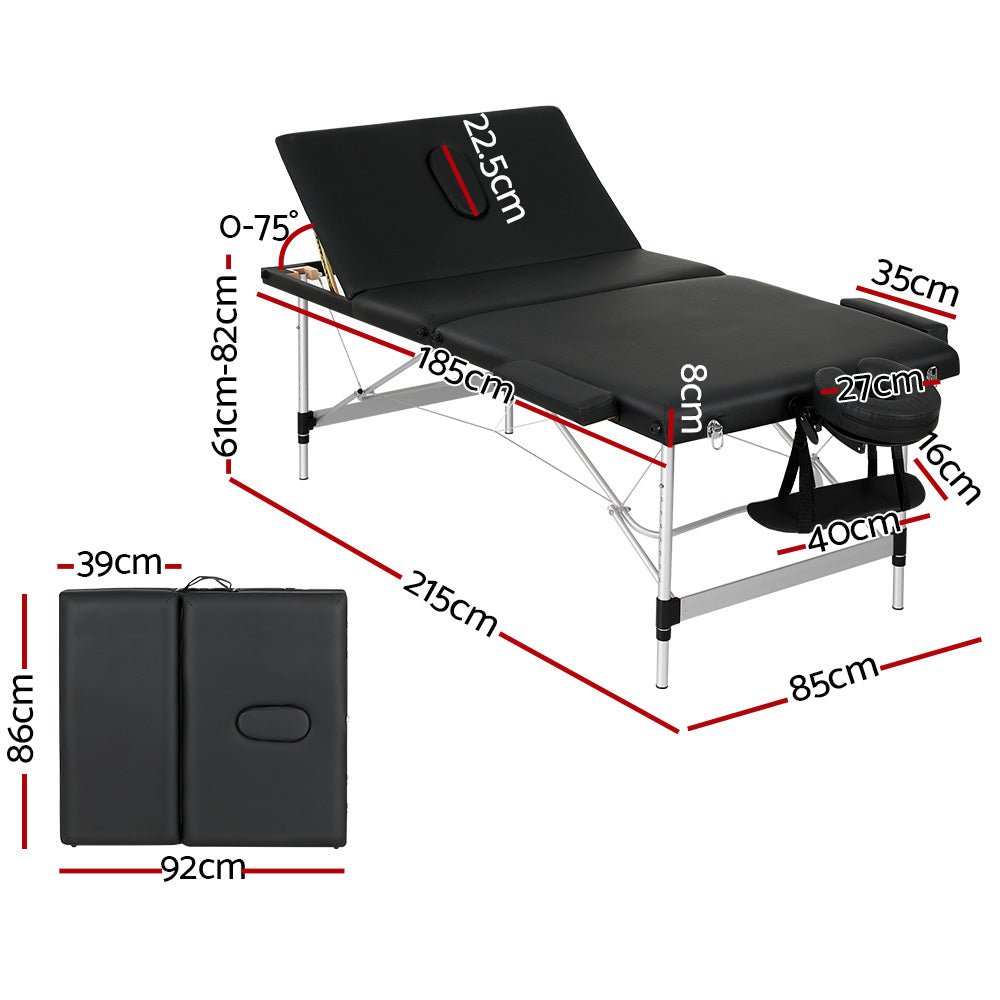 Zenses Massage Table 85CM Width 3 Fold Portable Aluminium Therapy Beauty Bed