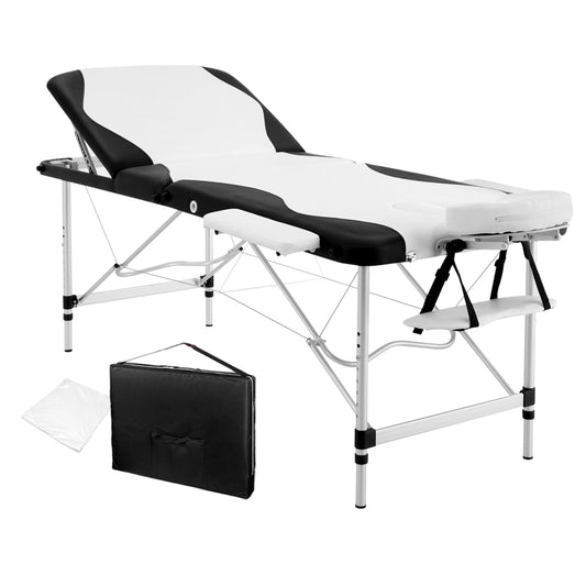 Livemor 3 Fold Portable Aluminium Massage Table - Black & White