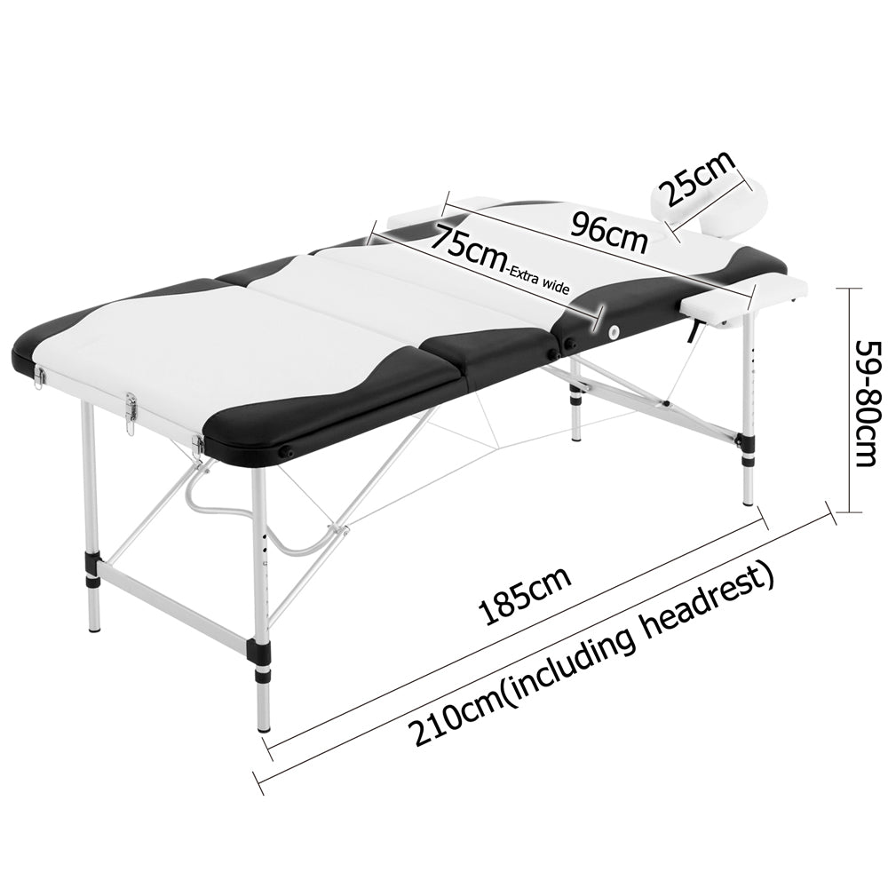 Zenses 3 Fold Portable Aluminium Massage Table - Black & White