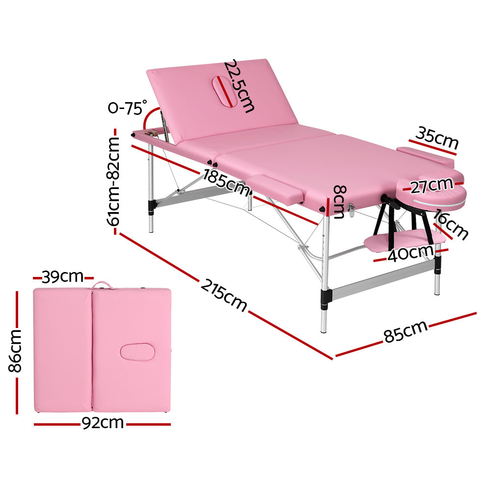 Zenses Massage Table 85CM Width 3Fold Portable Therapy Beauty Aluminium Bed Pink