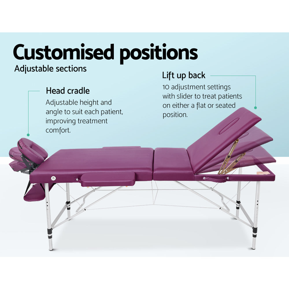 Zenses 3 Fold Portable Aluminium Massage Table Massage Bed Beauty Therapy Purple 75cm