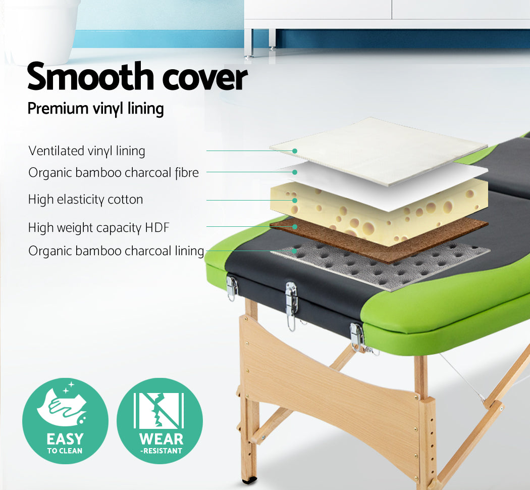 Zenses Massage Table 70cm 3 Fold Wooden Portable Beauty Therapy Bed Waxing Green