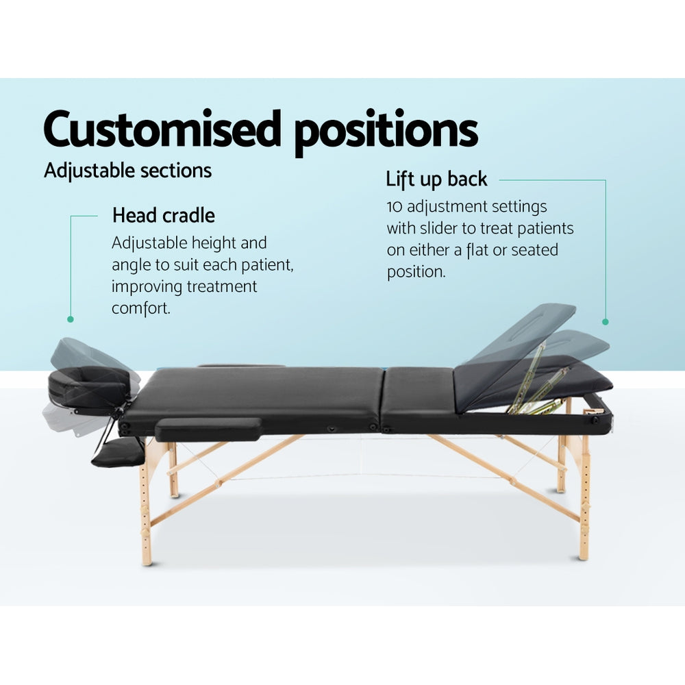 Zenses 60cm Wide Portable Wooden Massage Table 3 Fold Treatment Beauty Therapy Black
