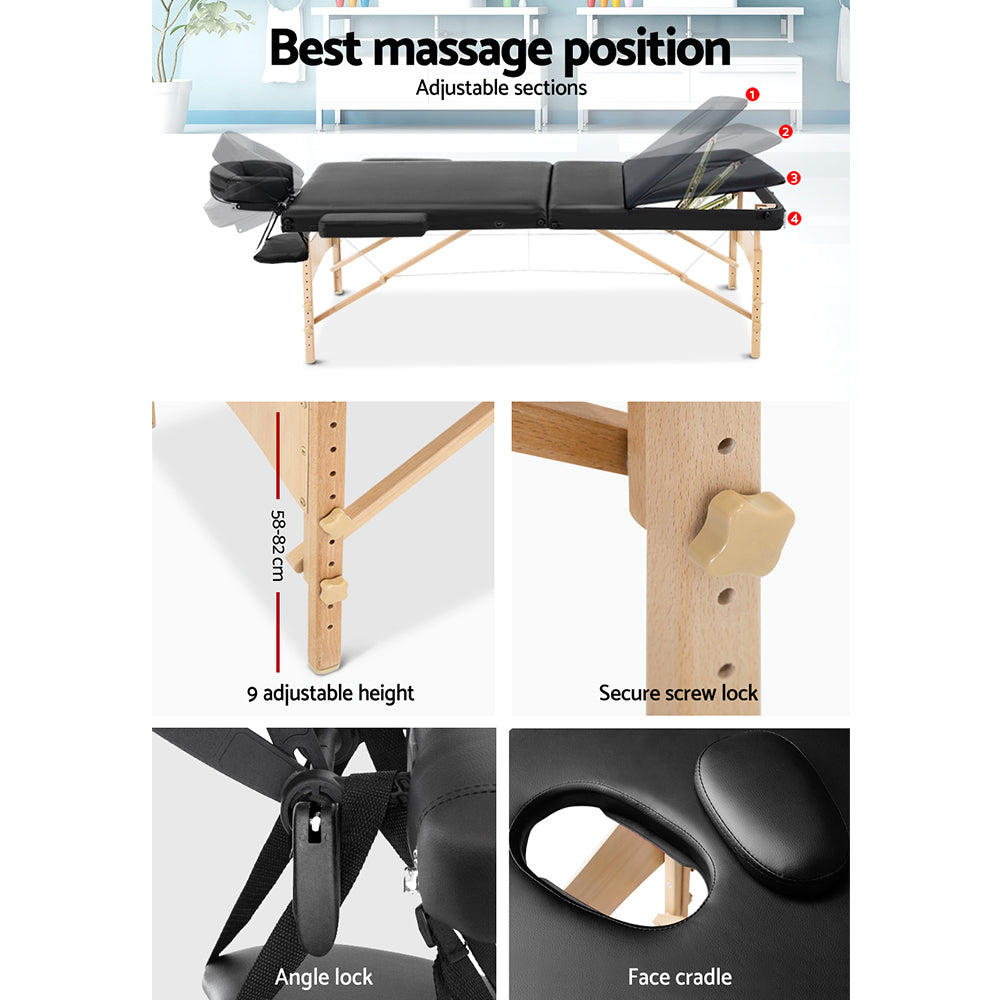 Zenses Massage Table 70cm Portable 3 Fold Wooden Beauty Bed Black