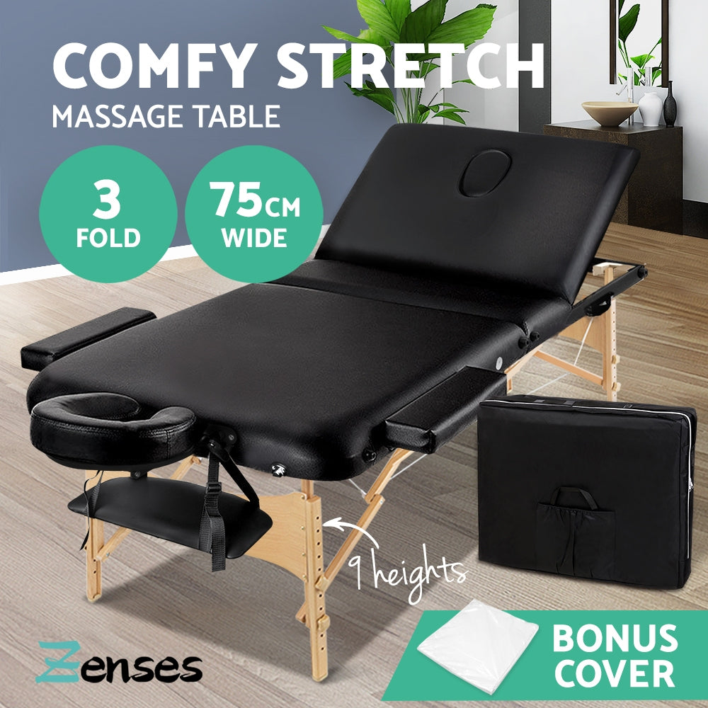 Zenses 75cm Wide Portable Wooden Massage Table 3 Fold Treatment Beauty Therapy Black