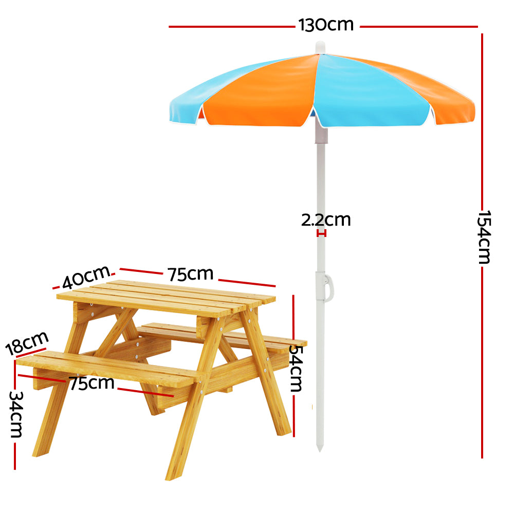 Keezi Kids Outdoor Table and Chairs Picnic Bench Seat Umbrella Children Wooden