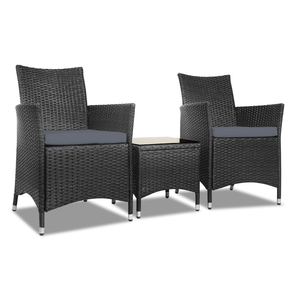 Gardeon 3pc Rattan Bistro Wicker Outdoor Furniture Set Black