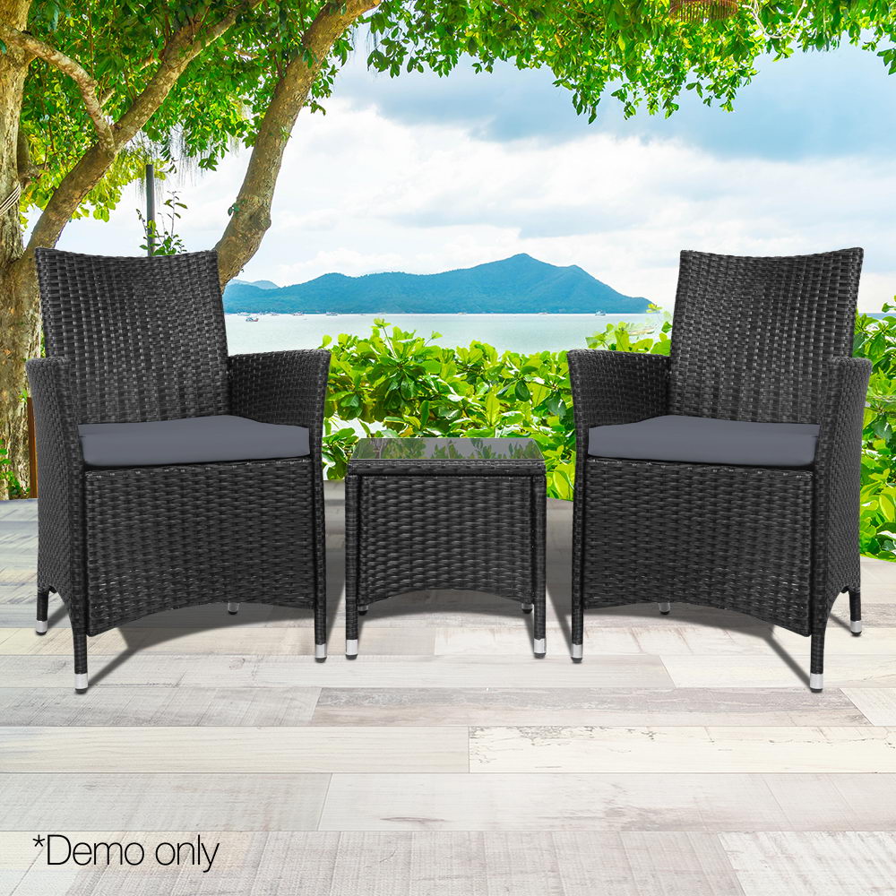 Gardeon 3pc Bistro Wicker Outdoor Furniture Set Black