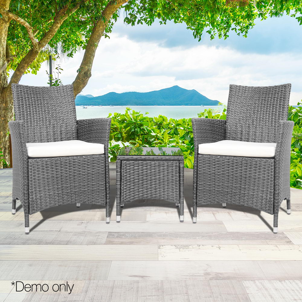 Gardeon 3pc Rattan Bistro Wicker Outdoor Furniture Set Grey