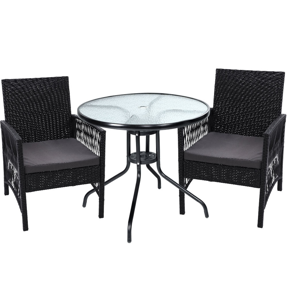 Gardeon Outdoor Furniture Dining Chairs Rattan Garden Patio Cushion Black 3PCS Tea Coffee Cafe Bar Set