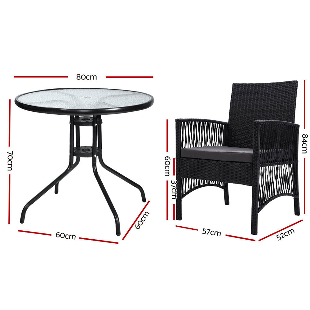 Gardeon Outdoor Furniture Dining Chairs Wicker Garden Patio Cushion Black 3PCS Tea Coffee Cafe Bar Set