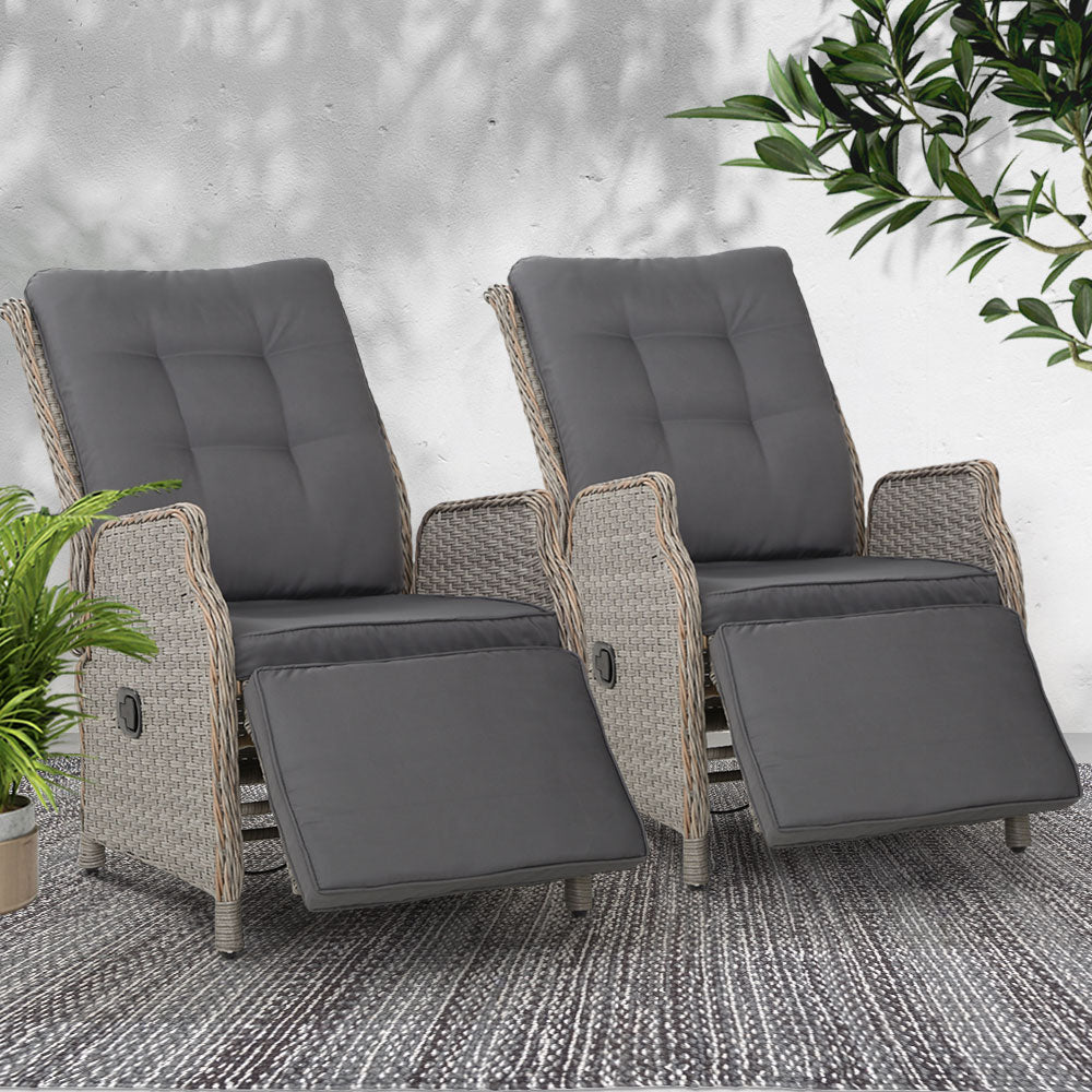 Gardeon Set of 2 Recliner Chairs Sun lounge Outdoor Furniture Setting Patio Wicker Sofa Grey