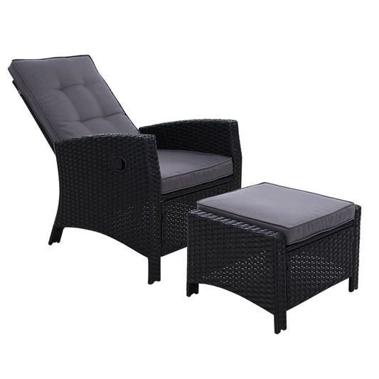 Gardeon Recliner Chair Sun lounge Wicker Outdoor Furniture Patio Garden Ottoman Black